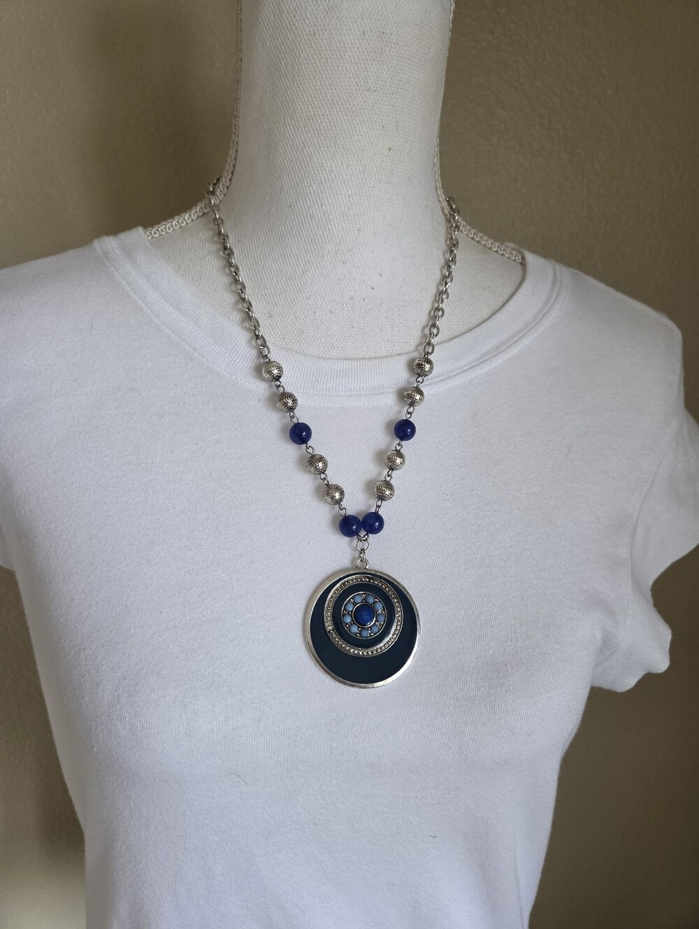 vintage blue enamel medallion pendant necklace textured silver beads boho